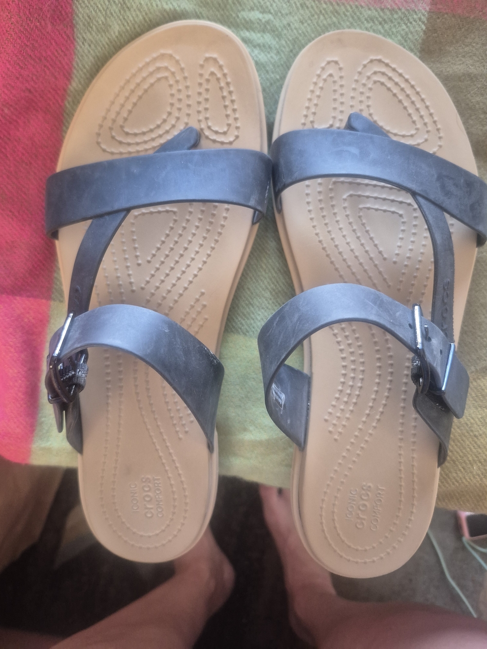 CROCS Women's Tan Footbed Sandals with Black Straps